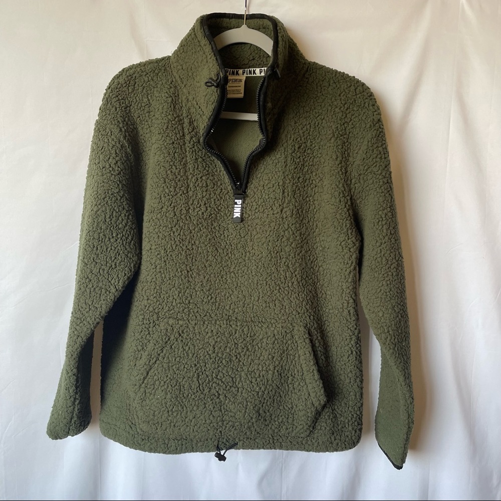 VS PINK Quarter Zip Olive Green Sherpa Pullover